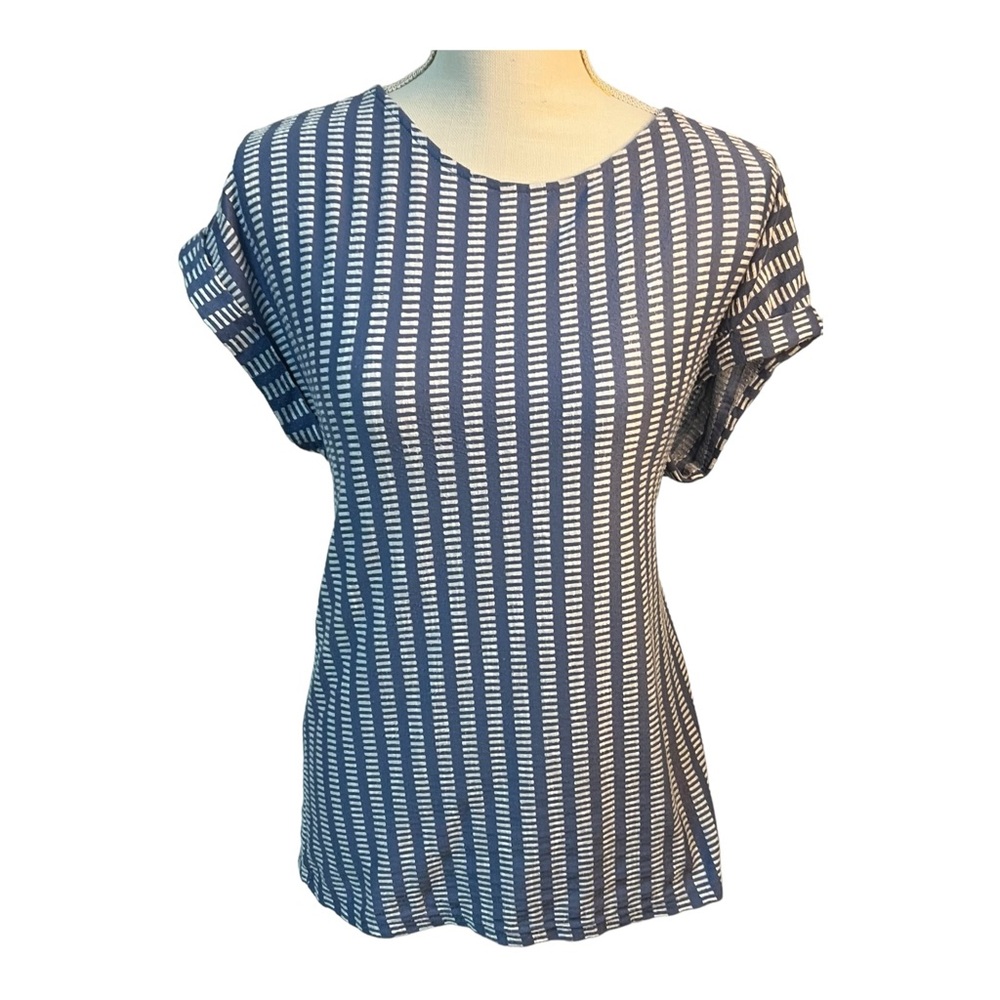 ANTHROPOLOGIE W5 Large Concepts Blue White Geo Stretch Knit Top Made in USA
